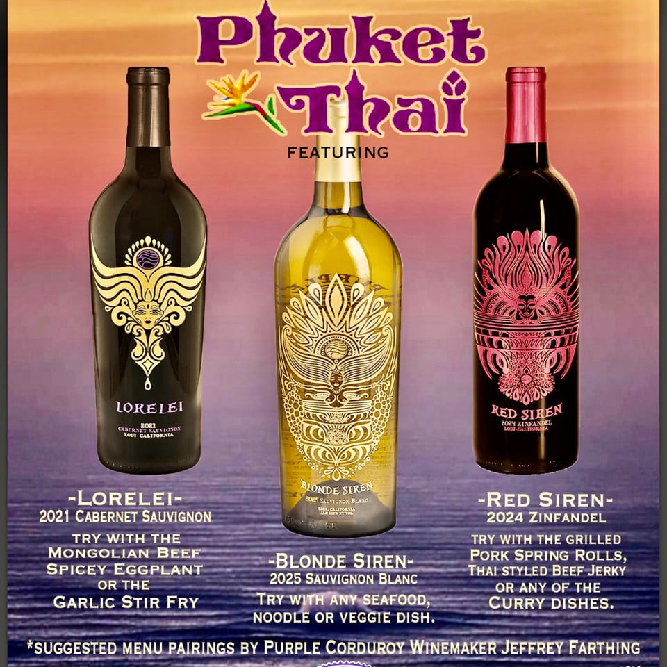 Three wine bottles, Lorelei, Blonde Siren, and Red Siren, with suggested Phuket Thai food pairings.